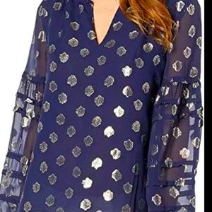 NWT LILLY PULITZER GIANA SILK TOP TRUE NAVY SEAGRASS METALLIC CLIP CHIFFON